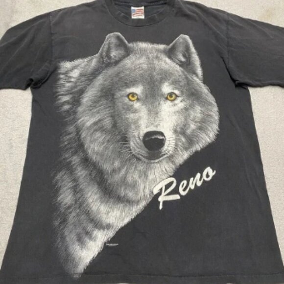 Vintage Wolf T Shirt Mens XL Black Mega Print Reno Graphic 90s Single Stitch - Picture 1 of 7